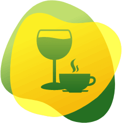 Ikona kieliszka wina i filiżanki kawy jako wskazanie, że kofeina i alkohol mogą powodować wzdęcia